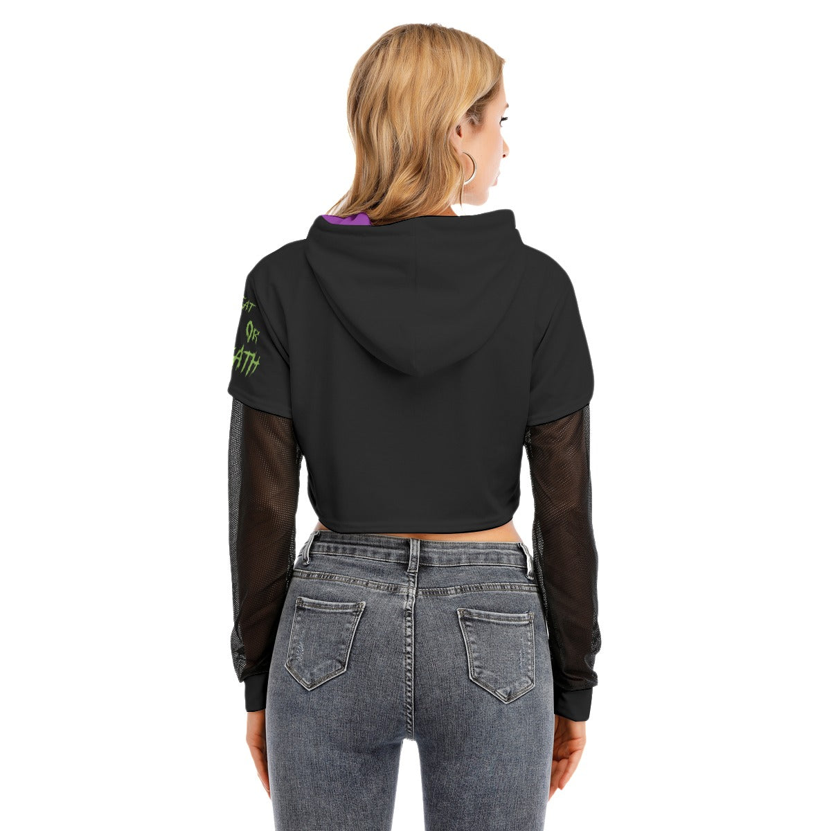 Trick Or Death Fake Two-piece Mesh Sleeve Cropped Hoodie