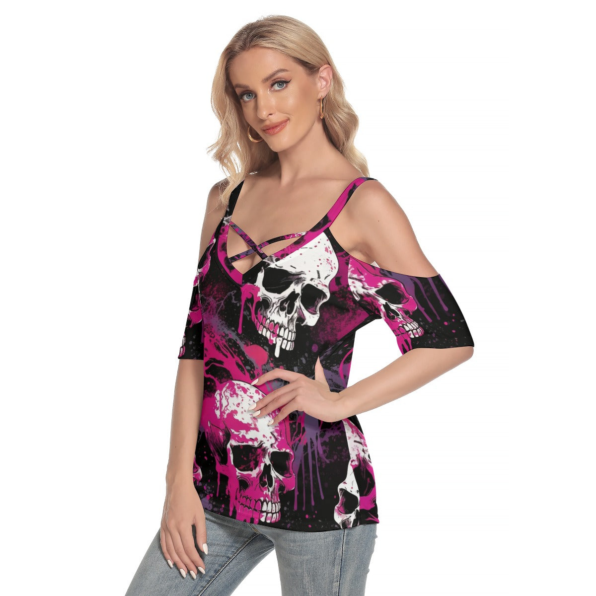 Grim Dripper Cold Shoulder T-shirt With Criss Cross Strips