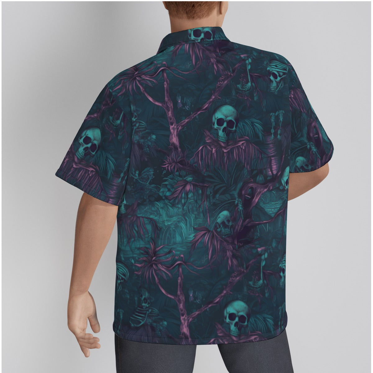 Dark Blue and Purple Hawaiian Scene with Skulls Psychobilly Hawaiian Shirt